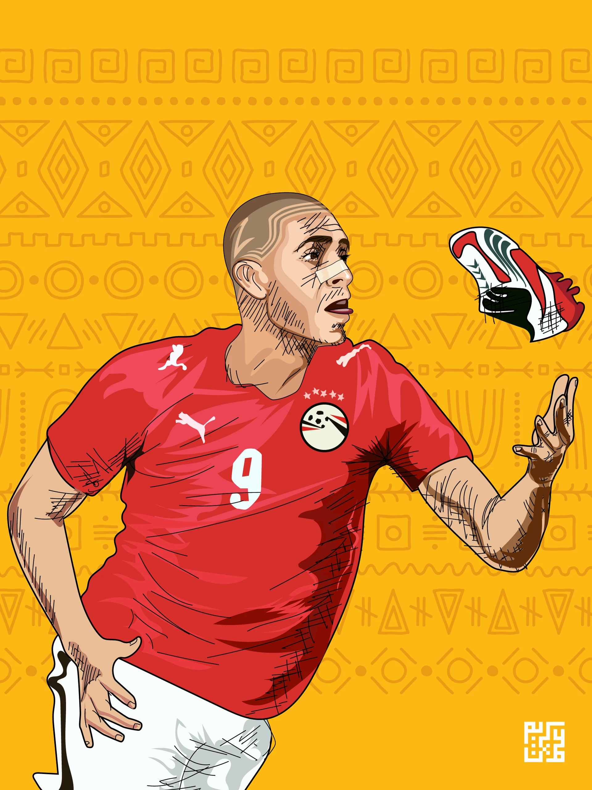 Football player in a red number nine shirt on yellow