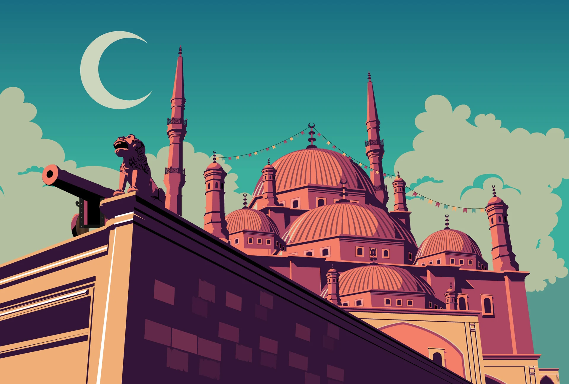 Illustrated Cairo skyline with domes and minarets