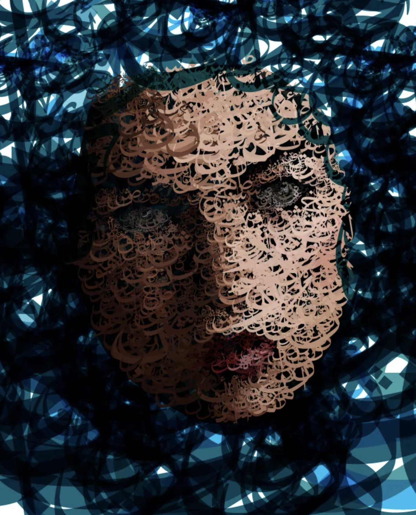 Portrait formed from Arabic calligraphy against a dark background