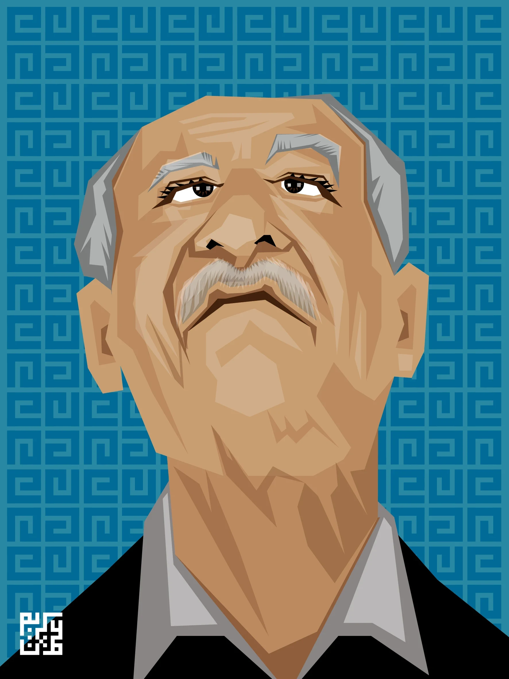 Illustrated portrait against a blue geometric pattern