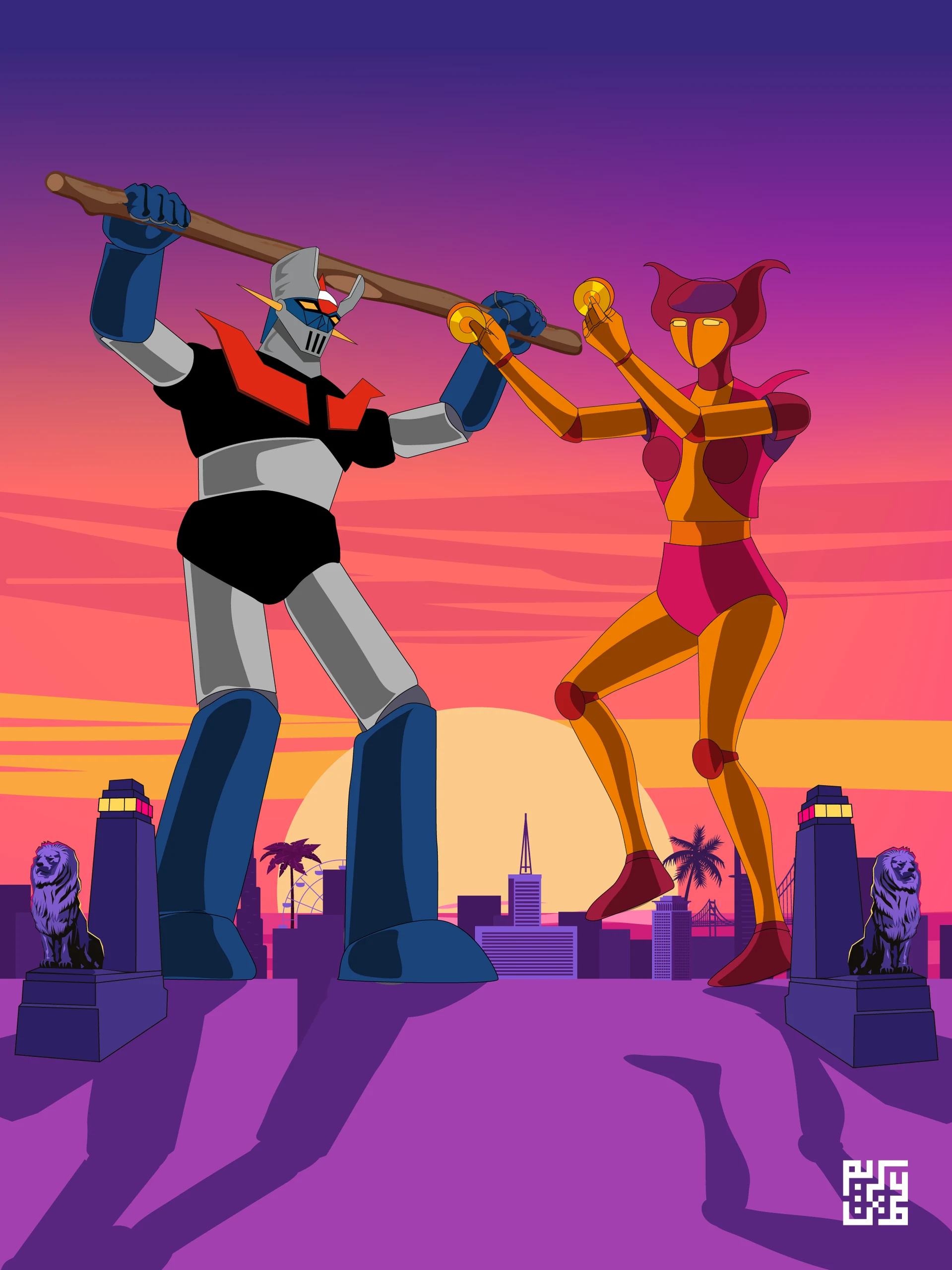 Two stylized characters dancing against a sunset skyline