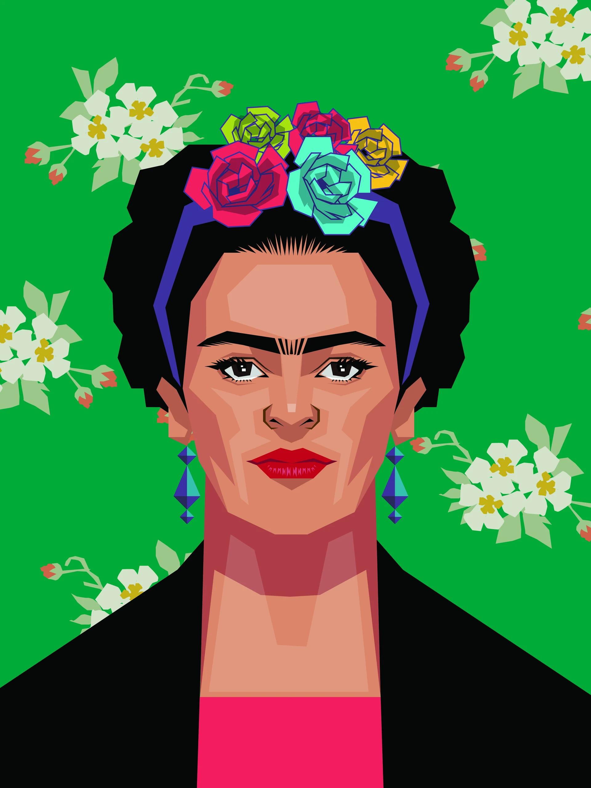 Frida Kahlo illustration with flowers on a green background