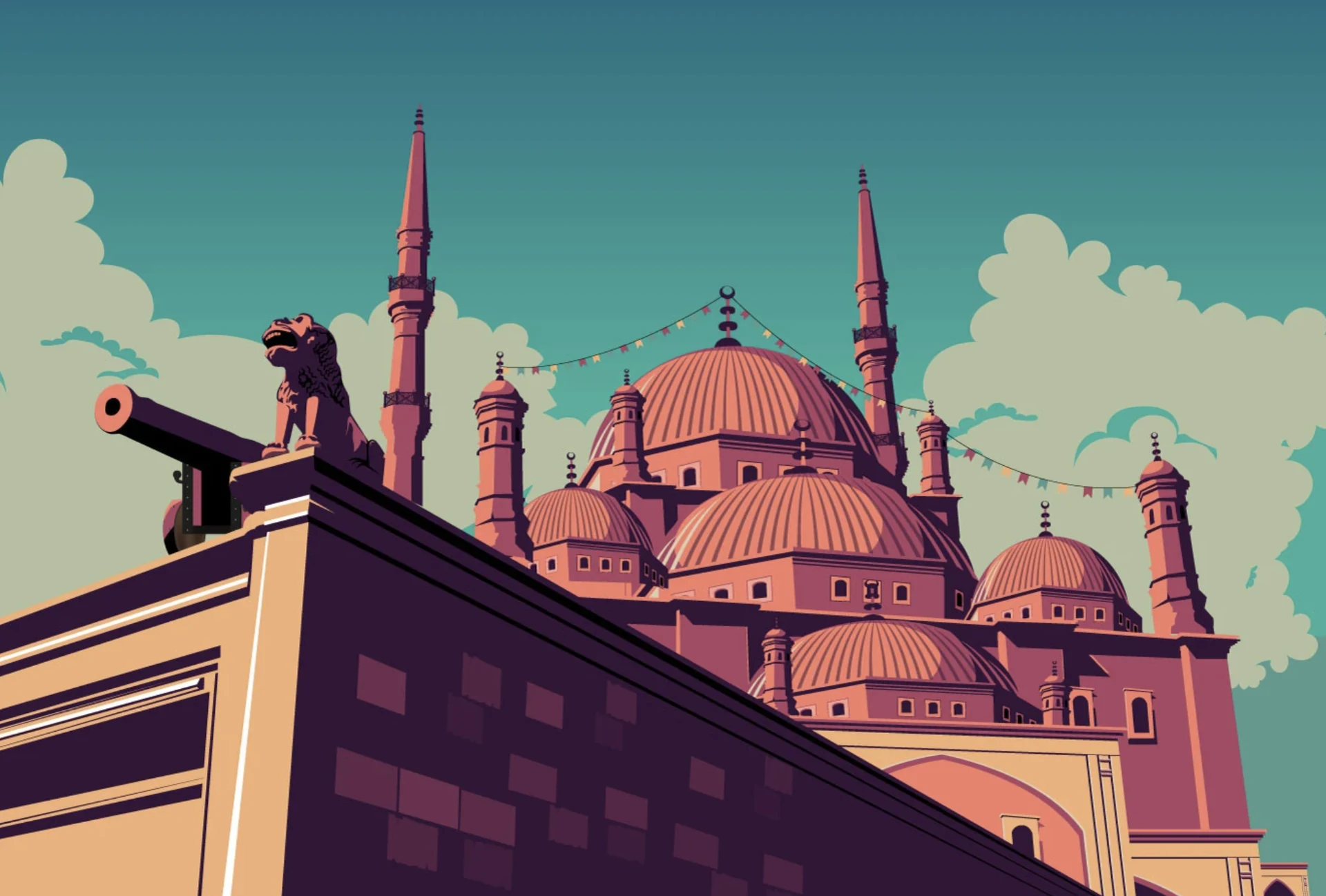 Cairo skyline illustration in turquoise and pink