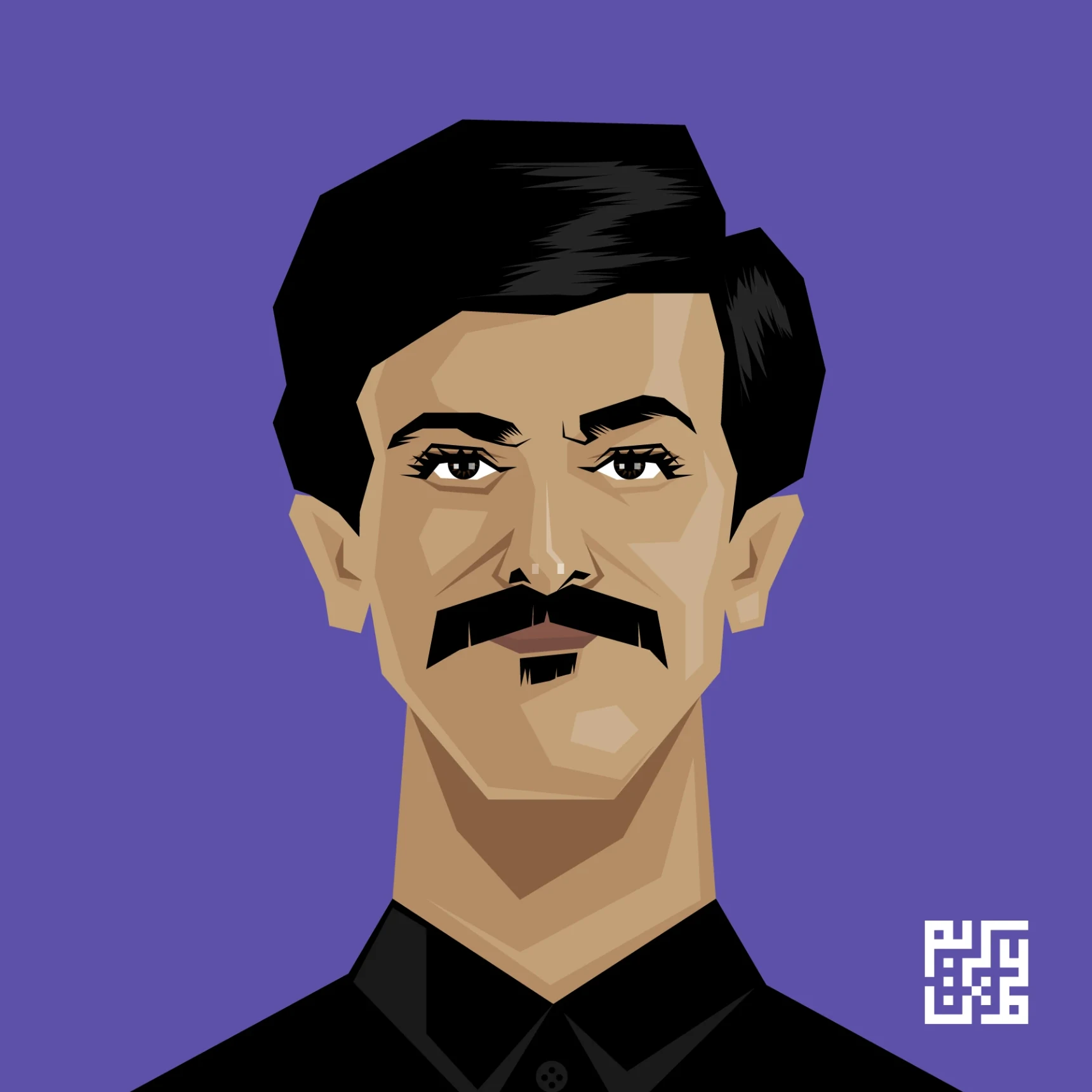 Portrait illustration of a man with dark hair and a moustache